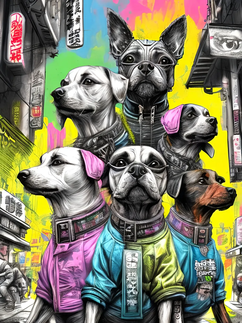 Prompt: pop art chalk pastel art of detailed dogs wearing gangster clothes playing in the streets in cyberpunk japan during a festival, sketch, detailed background, highres, fun atmosphere, natural lighting,  abstract, fun