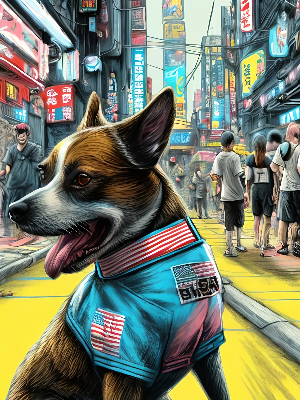 Prompt: pop art chalk pastel art of detailed dog wearing USA clothes playing in the streets in cyberpunk japan during a festival, sketch, detailed background, highres, fun atmosphere, natural lighting,  abstract, fun