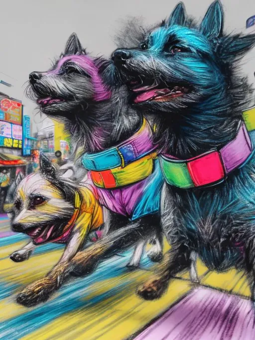 Prompt: pop art chalk pastel art of detailed dogs wearing clothes playing in the streets in japan during a festival, sketch, detailed background, highres, fun atmosphere, natural lighting,  abstract, fun