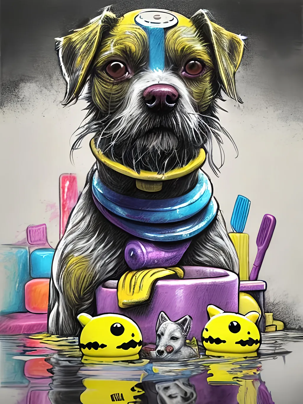 Prompt: pop art chalk pastel art of detailed dog taking a bath with a rubber ducky in cyberpunk japan, sketch, detailed background, highres, fun atmosphere, natural lighting,  abstract, fun