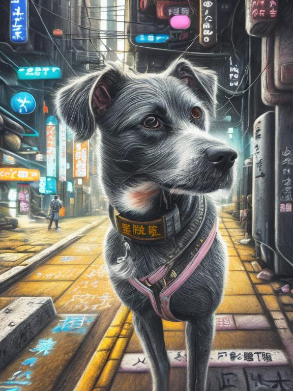 Prompt: chalk pastel art of a detailed dog on the streets in cyberpunk japan during a festival with planes in the background, sketch, detailed background, highres, fun atmosphere, natural lighting,  abstract, fun