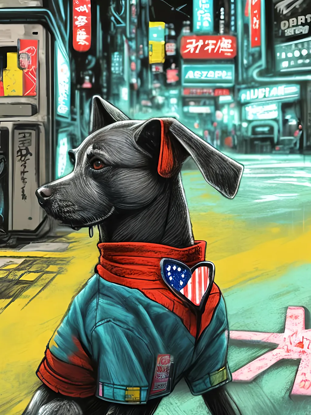 Prompt: pop art chalk pastel art of detailed dog wearing USA clothes playing in the streets in cyberpunk japan during a festival, sketch, detailed background, highres, fun atmosphere, natural lighting,  abstract, fun