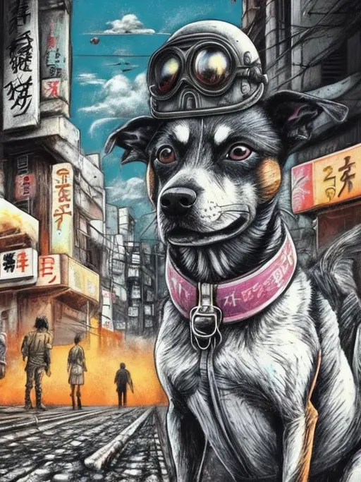 Prompt: pop art chalk pastel art of a detailed dog on the streets in post-apocalyptic Japan during a festival with planes in the background, sketch, detailed background, highres, fun atmosphere, natural lighting,  abstract, fun