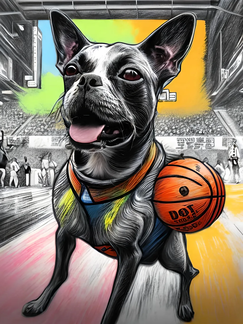 Prompt: pop art chalk pastel art of detailed dog at a basket ball game in cyberpunk japan, sketch, detailed background, highres, fun atmosphere, natural lighting,  abstract, fun