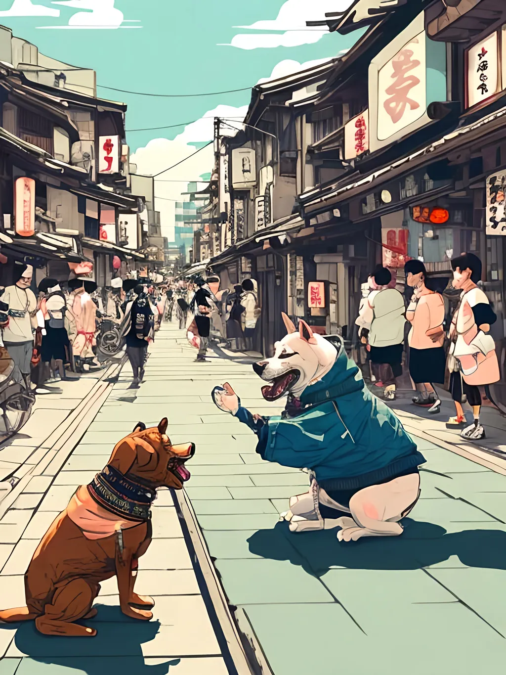 Prompt: chalk pastel style of a detailed dog rapping in the streets in japan during a festival, sketch, detailed background, highres, fun atmosphere, natural lighting,  abstract, fun