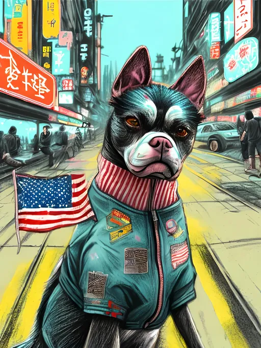 Prompt: pop art chalk pastel art of detailed dog wearing USA clothes playing in the streets in cyberpunk japan during a festival, sketch, detailed background, highres, fun atmosphere, natural lighting,  abstract, fun