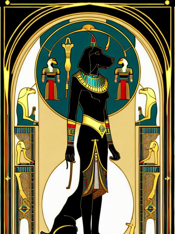 Prompt: black dog in egyptian clothing Art Nouveau style 