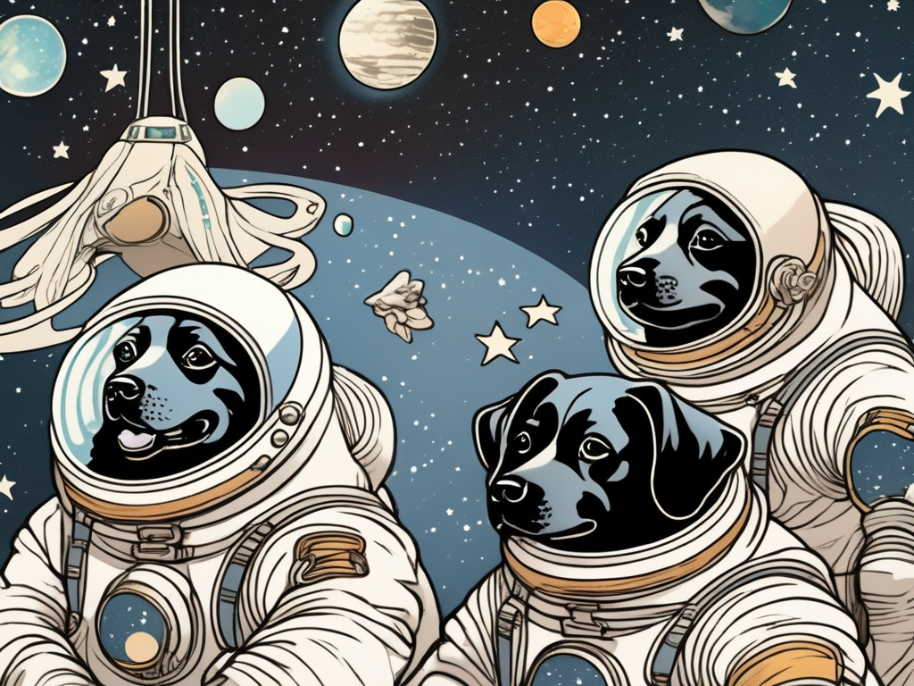 Prompt: Art Nouveau style black dogs in space in astronaut outfits
