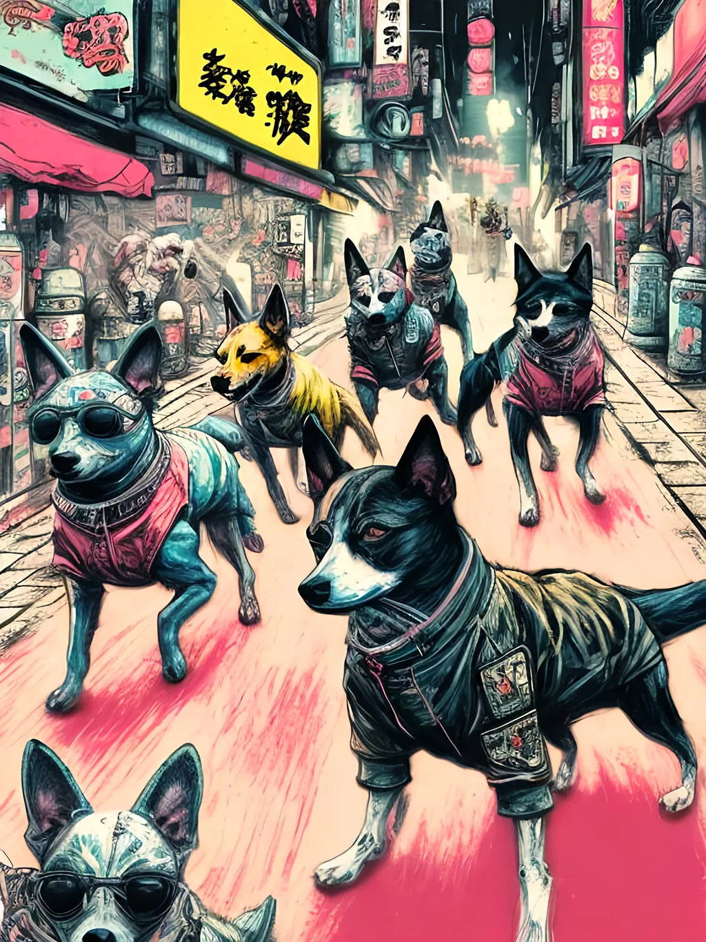 Prompt: pop art chalk pastel art of detailed dogs wearing gangster clothes playing in the streets in cyberpunk japan during a festival, sketch, detailed background, highres, fun atmosphere, natural lighting,  abstract, fun
