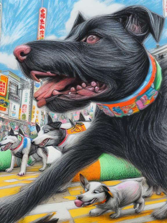 Prompt: pop art chalk pastel art of detailed dogs wearing clothes playing in the streets in japan during a festival, sketch, detailed background, highres, fun atmosphere, natural lighting,  abstract, fun