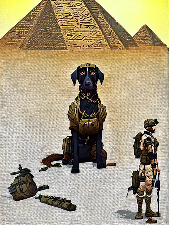 Prompt: black mountain cur dog in military gear in egypt 90s poster