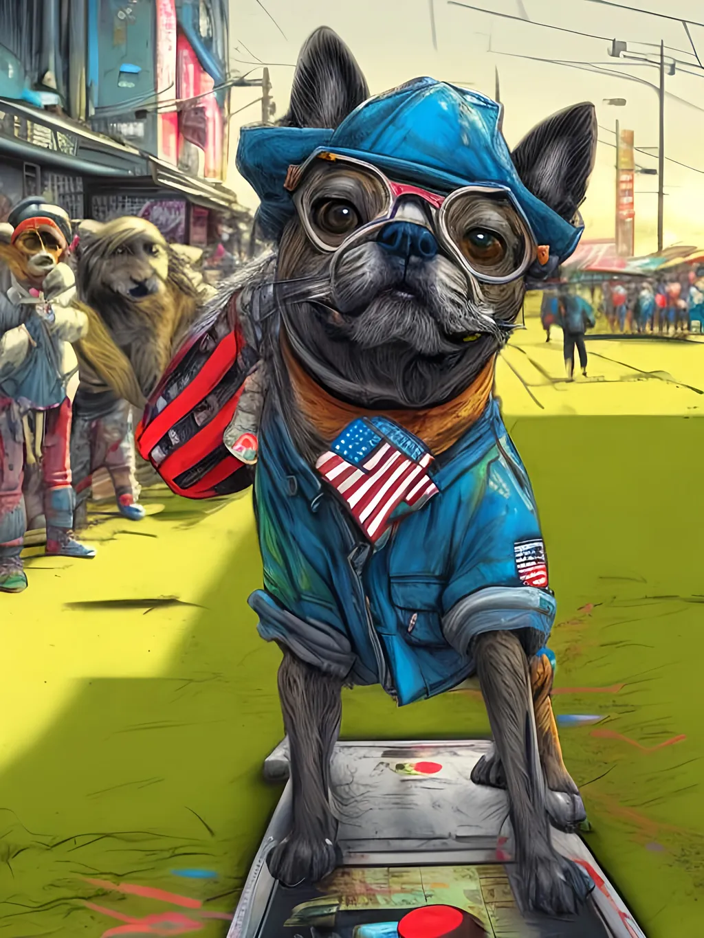 Prompt: pop art chalk pastel art of detailed dog wearing usa clothes playing in the streets in dystopian japan during a festival, sketch, detailed background, highres, fun atmosphere, natural lighting,  abstract, fun