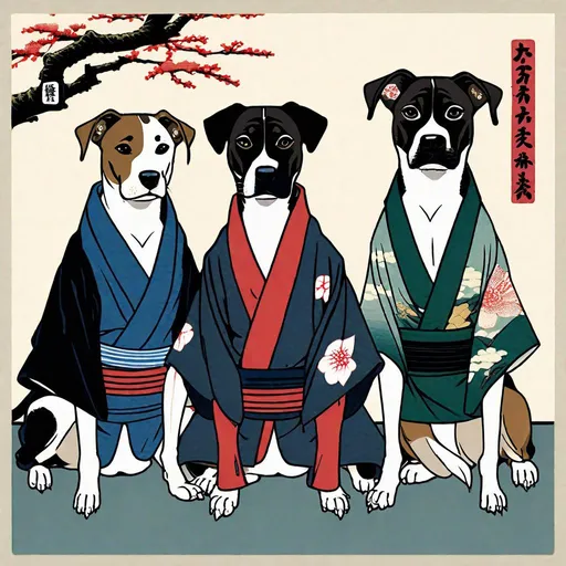 Prompt: black mountain cur dogs in hiroshige wearing yakuza clothes