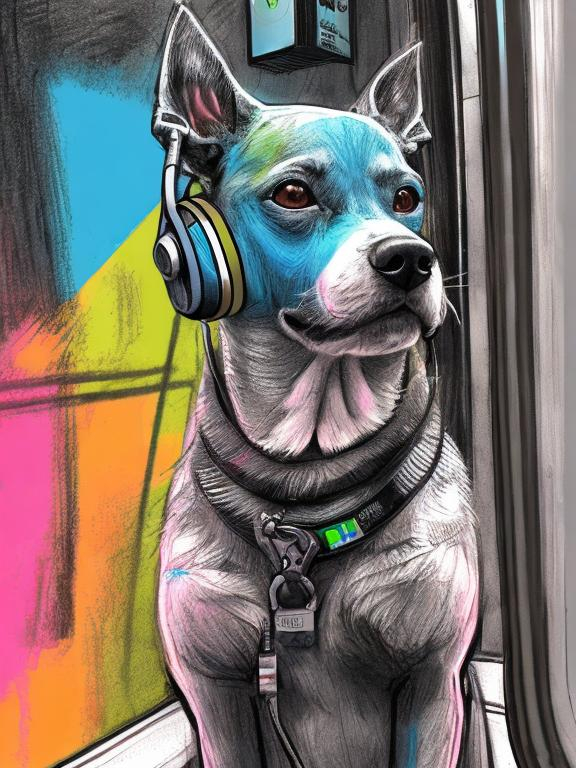 Prompt: pop art chalk pastel art of a detailed dog listening to music on the subway train in cyberpunk japan, sketch, detailed background, highres, fun atmosphere, natural lighting,  abstract, fun