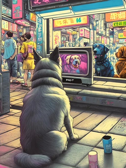 Prompt: pop art chalk pastel art of detailed dog watching tv in the streets in cyberpunk japan during a festival, sketch, detailed background, highres, fun atmosphere, natural lighting,  abstract, fun