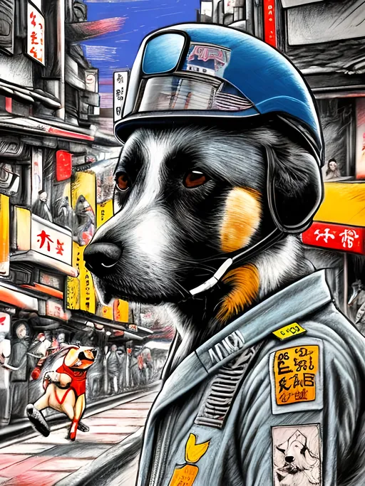 Prompt: pop art chalk pastel art of a detailed dog wearing a pilot uniform playing in the streets in japan during a festival, sketch, detailed background, highres, fun atmosphere, natural lighting,  abstract, fun
