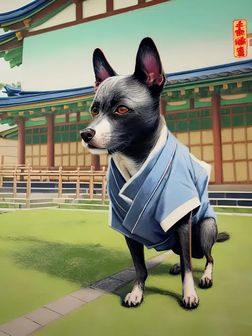 Prompt: chalk pastel style of a detailed dog in a Japanese school uniform at school in class in Japan, sketch, detailed background, highres, fun atmosphere, natural lighting,  abstract, fun