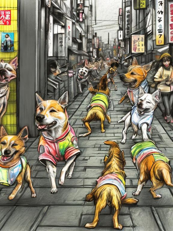 Prompt: pop art chalk pastel art of detailed dogs wearing clothes playing in the streets in japan during a festival, sketch, detailed background, highres, fun atmosphere, natural lighting,  abstract, fun