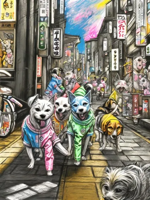 Prompt: pop art chalk pastel art of detailed dogs wearing clothes playing in the streets in japan during a festival, sketch, detailed background, highres, fun atmosphere, natural lighting,  abstract, fun