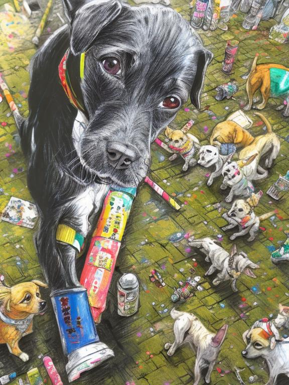 Prompt: pop art chalk pastel art of detailed dogs wearing clothes playing in the streets in japan during a festival, sketch, detailed background, highres, fun atmosphere, natural lighting,  abstract, fun