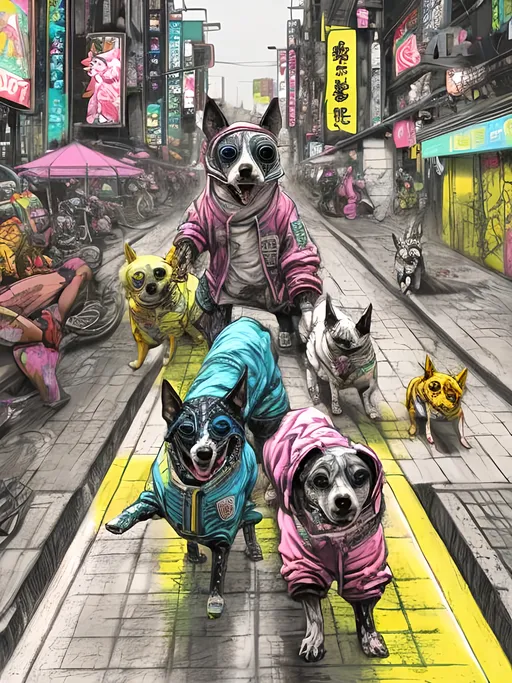 Prompt: pop art chalk pastel art of detailed dogs wearing gangster clothes playing in the streets in cyberpunk japan during a festival, sketch, detailed background, highres, fun atmosphere, natural lighting,  abstract, fun
