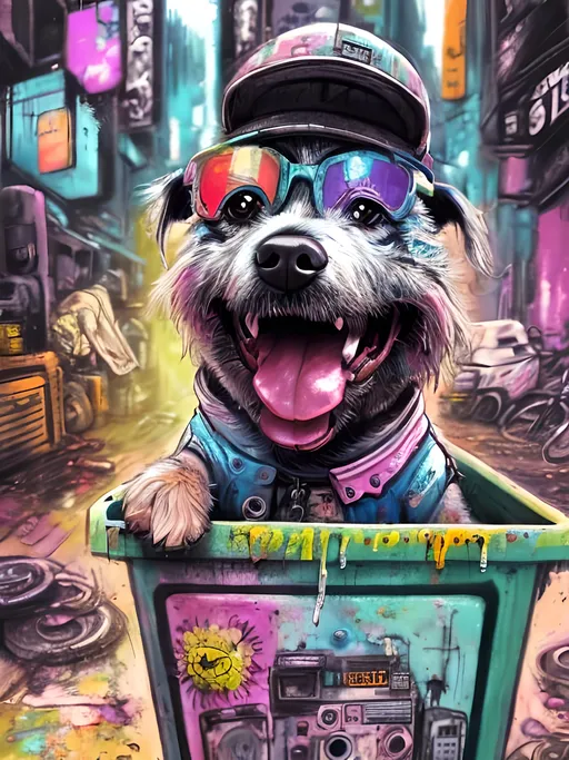 Prompt: Detailed happy dog wearing clothes dumpster diving during a festival, sketch, chalk pastel, detailed cyberpunk city background, grunge, highres, abstract, natural lighting, lively atmosphere, fun, detailed dogs, colorful, chaotic, vibrant, happy-go-lucky