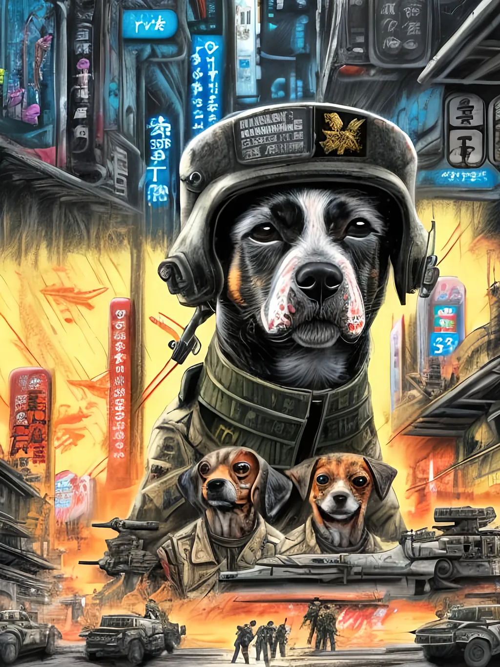 Prompt: pop art chalk pastel art of a detailed dogs wearing military uniforms on the streets in cyberpunk japan during a festival with planes in the background, sketch, detailed background, highres, fun atmosphere, natural lighting,  abstract, fun
