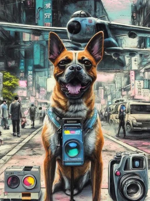 Prompt: chalk pastel art of a detailed dog with a polaroid camera on the streets in post-apocalyptic Japan during a festival with planes in the background, sketch, detailed background, highres, fun atmosphere, natural lighting,  abstract, fun