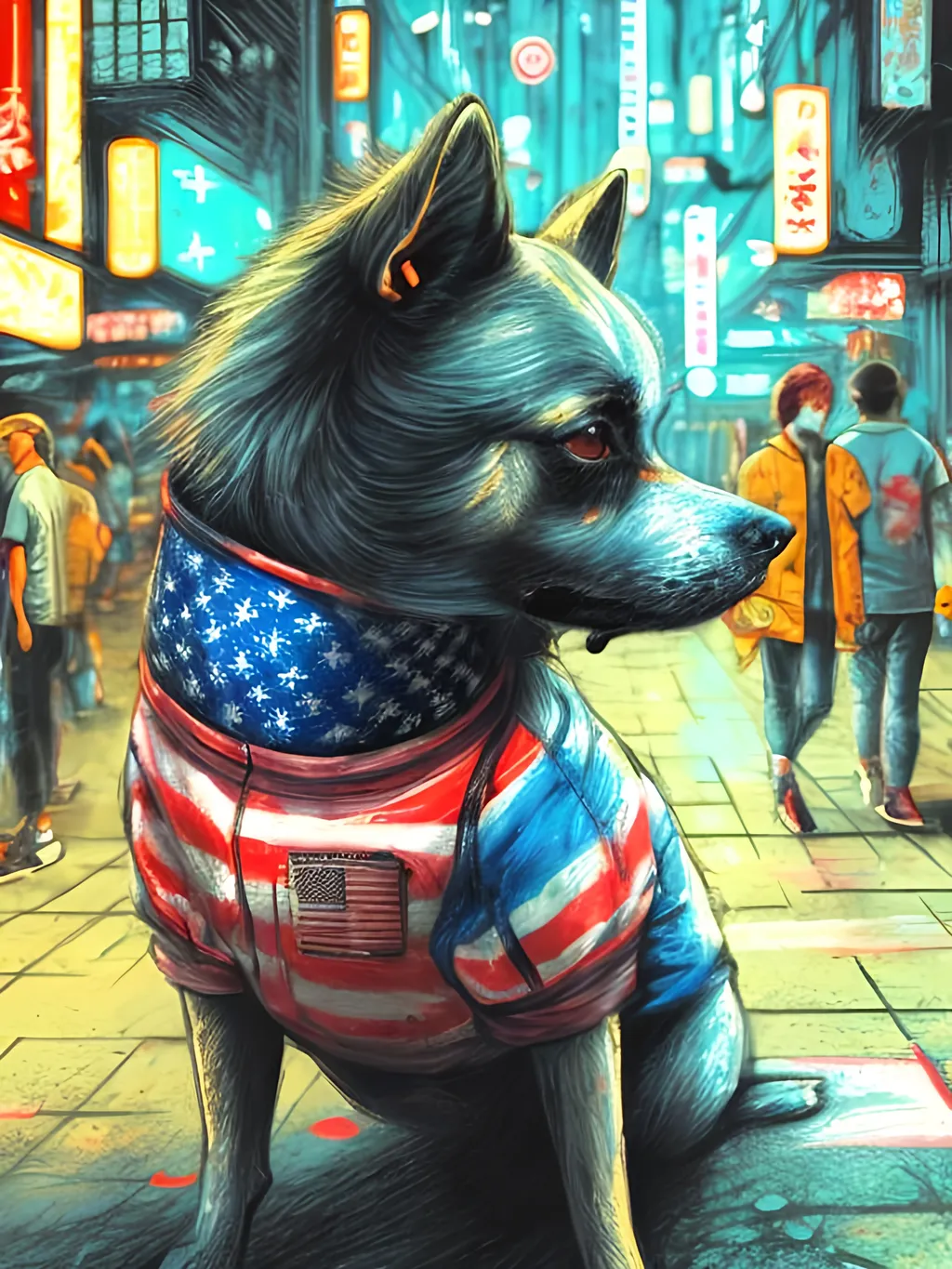 Prompt: pop art chalk pastel art of detailed dog wearing USA clothes playing in the streets in cyberpunk japan during a festival, sketch, detailed background, highres, fun atmosphere, natural lighting,  abstract, fun