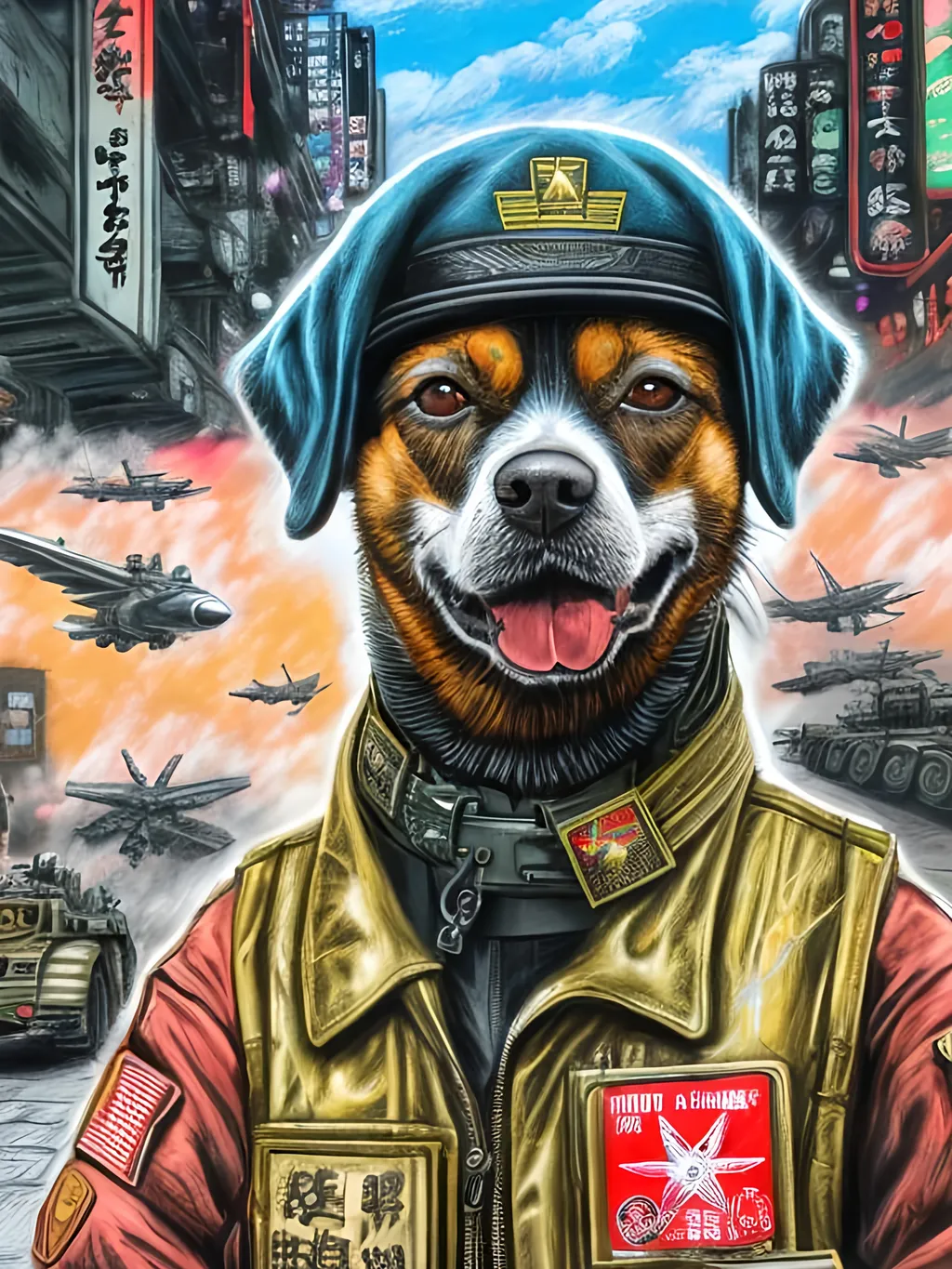 Prompt: pop art chalk pastel art of a detailed dog wearing a military uniform on the streets in cyberpunk japan during a festival with planes in the background, sketch, detailed background, highres, fun atmosphere, natural lighting,  abstract, fun