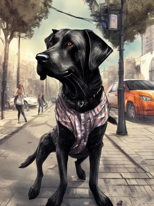 Prompt: a black dog wearing clothes having fun in the streets, sketch, detailed background, highres, fun atmosphere, natural lighting, pastel colors