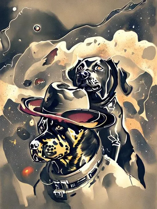 Prompt: Surrealism black dogs in cowboy outfits in space, abstract art style, cowboy hat, fun atmosphere, floating celestial bodies, mysterious nebulae, dreamlike, surreal, high contrast, otherworldly, abstract, space, astronaut, fun atmosphere, celestial bodies, dreamlike, surreal, high contrast, mysterious, nebulae, dogs, Pro trump clothing