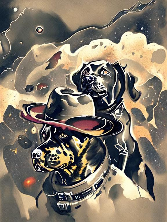 Prompt: Surrealism black dogs in cowboy outfits in space, abstract art style, cowboy hat, fun atmosphere, floating celestial bodies, mysterious nebulae, dreamlike, surreal, high contrast, otherworldly, abstract, space, astronaut, fun atmosphere, celestial bodies, dreamlike, surreal, high contrast, mysterious, nebulae, dogs, Pro trump clothing