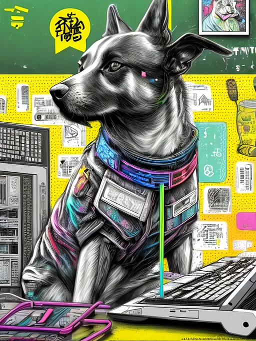 Prompt: pop art chalk pastel art of detailed dog hacking computers in cyberpunk japan, sketch, detailed background, highres, fun atmosphere, natural lighting,  abstract, fun