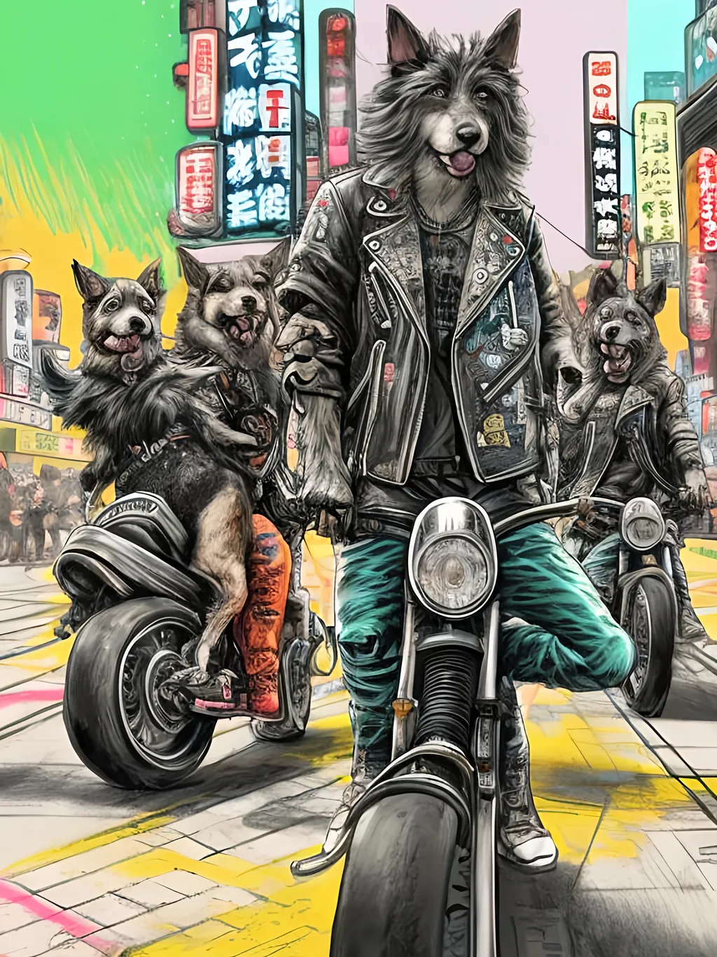 Prompt: pop art chalk pastel art of detailed dogs wearing biker gang clothes playing in the streets in cyberpunk japan during a festival, sketch, detailed background, highres, fun atmosphere, natural lighting,  abstract, fun