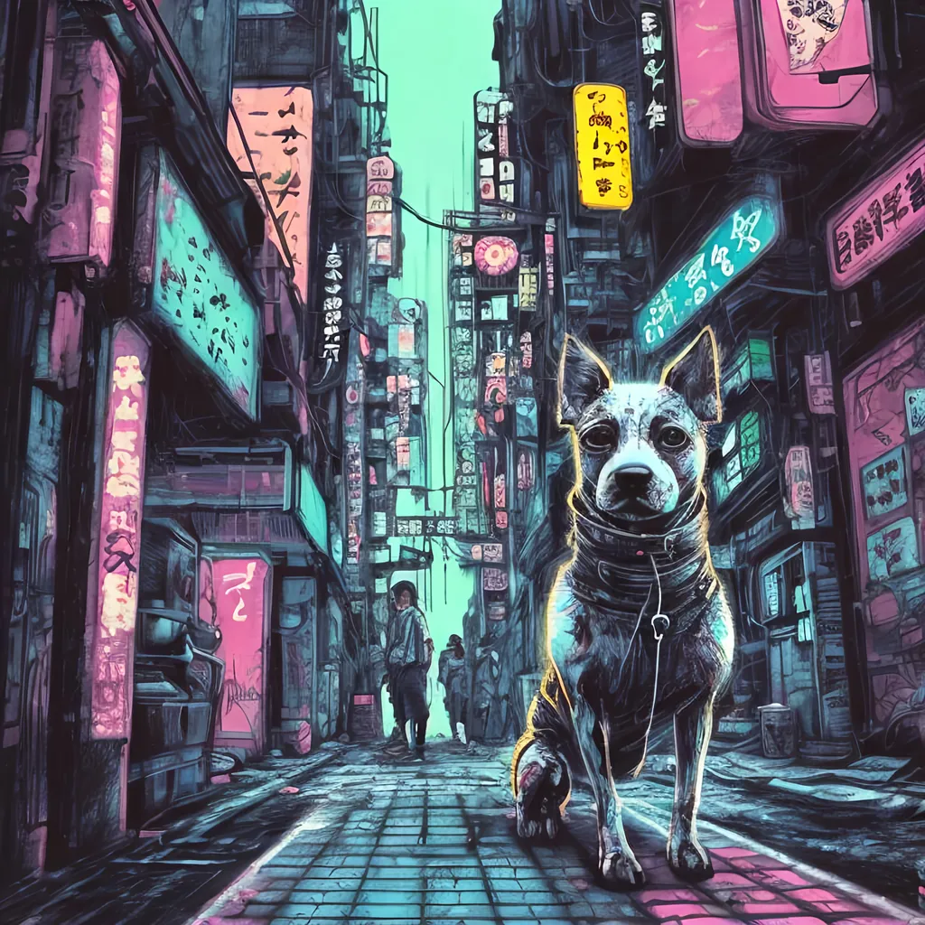 Prompt: pop art chalk pastel, a detailed grunge dog in the streets in cyberpunk japan, detailed background, natural lighting, highres, fun