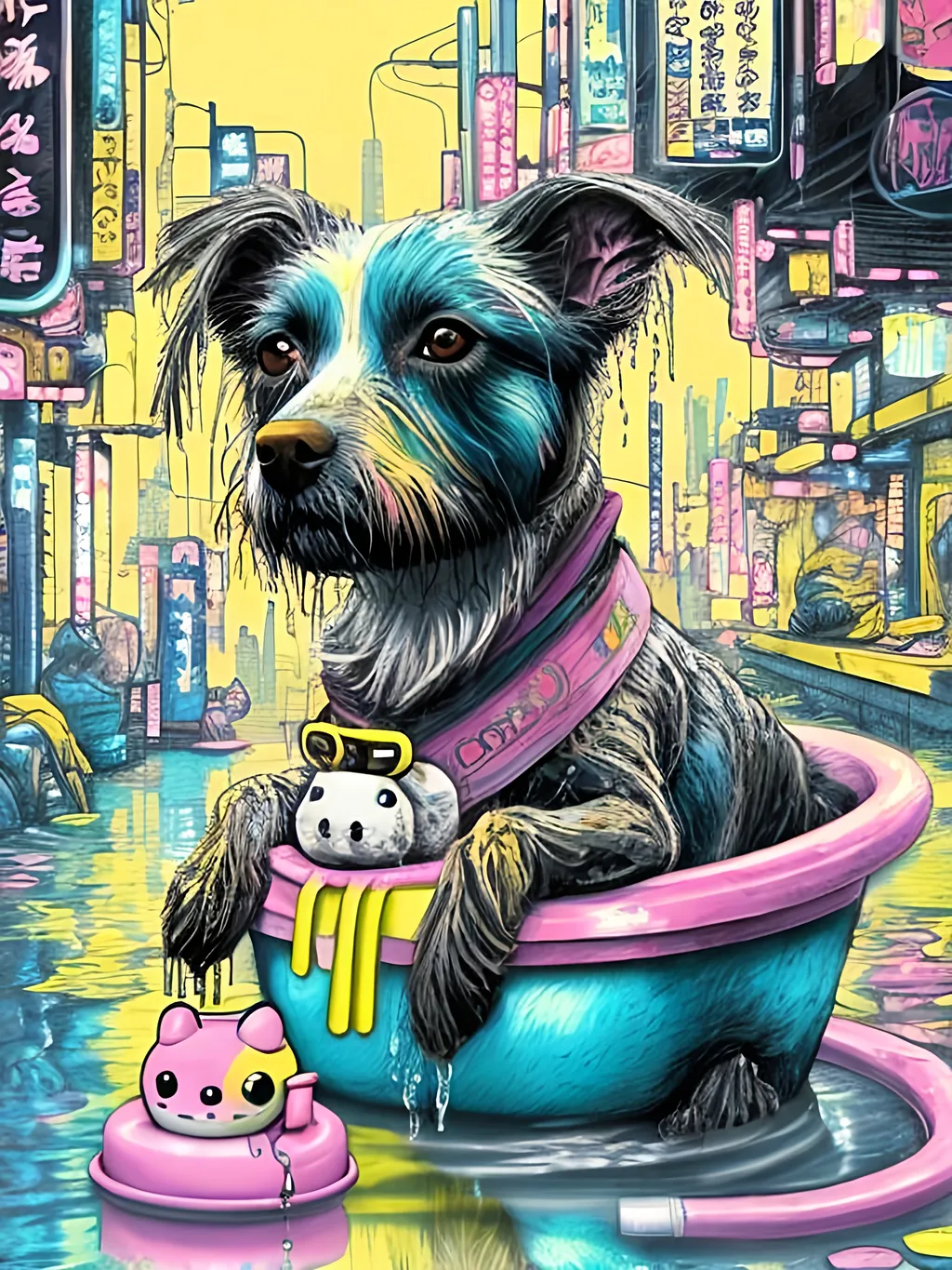 Prompt: pop art chalk pastel art of detailed dog taking a bath with a rubber ducky in cyberpunk japan, sketch, detailed background, highres, fun atmosphere, natural lighting,  abstract, fun