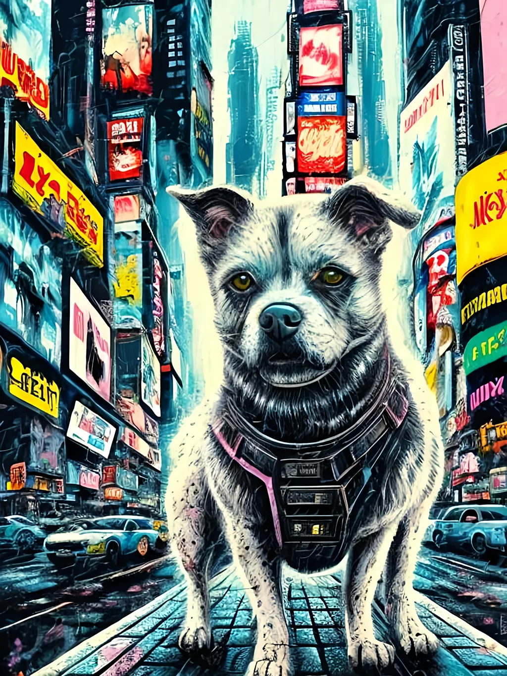 Prompt: chalk pastel style of a  detailed dog stoned in cyberpunk times square, sketch, detailed background, highres, fun atmosphere, natural lighting,  abstract, fun