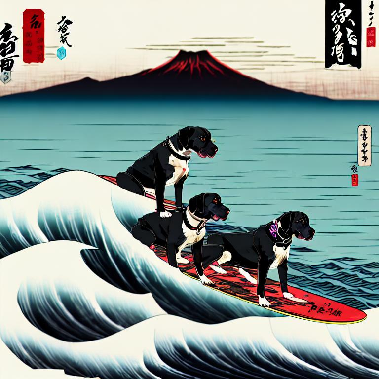 Prompt: black mountain cur dogs surfing in hiroshige wearing yakuza clothes