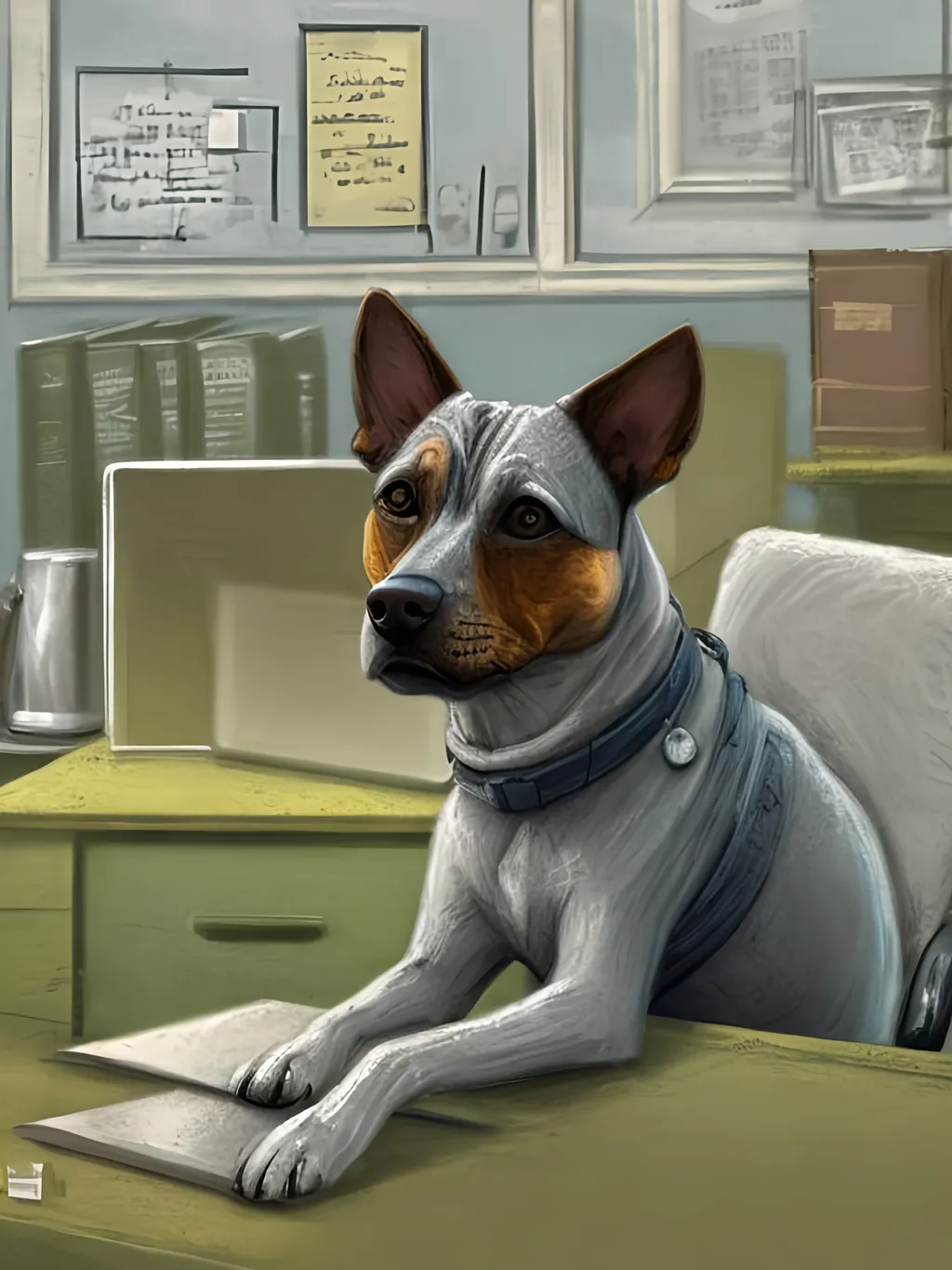 Prompt: chalk pastel style of a  detailed dog typing at a desk in an office, sketch, detailed background, highres, fun atmosphere, natural lighting,  abstract, fun