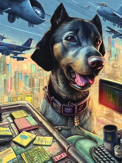 Prompt: pop art chalk pastel art of a detailed dog hacking a computer on the subway train in cyberpunk japan with planes in the background, sketch, detailed background, highres, fun atmosphere, natural lighting,  abstract, fun