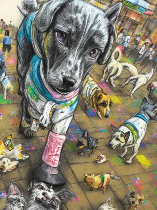 Prompt: pop art chalk pastel art of detailed dogs wearing clothes playing in the streets in japan during a festival, sketch, detailed background, highres, fun atmosphere, natural lighting,  abstract, fun