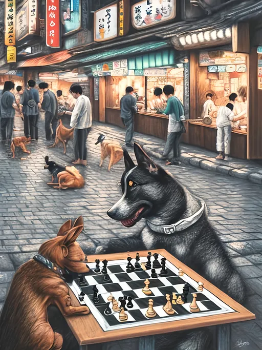 Prompt: chalk pastel art of detailed dog playing chess in the streets in Japan during a festival, sketch, detailed background, highres, fun atmosphere, natural lighting,  abstract, fun