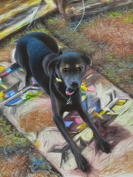 Prompt: chalk pastel art, black mountain cur dog