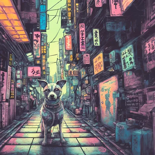 Prompt: pop art chalk pastel, a detailed grunge dog in the streets in cyberpunk japan, detailed background, natural lighting, highres, fun