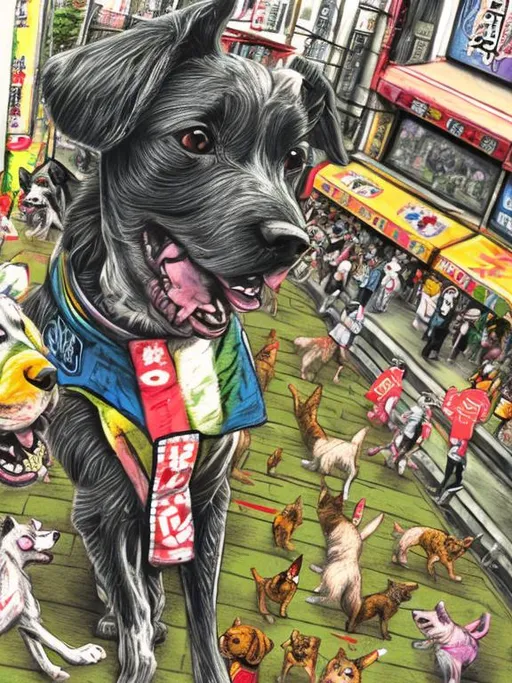 Prompt: pop art chalk pastel art of detailed dogs wearing clothes playing in the streets in japan during a festival, sketch, detailed background, highres, fun atmosphere, natural lighting,  abstract, fun