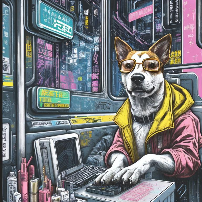 Prompt: pop art chalk pastel art of a detailed dog hacking a computer on the subway train in cyberpunk japan with planes in the background, sketch, detailed background, highres, fun atmosphere, natural lighting,  abstract, fun