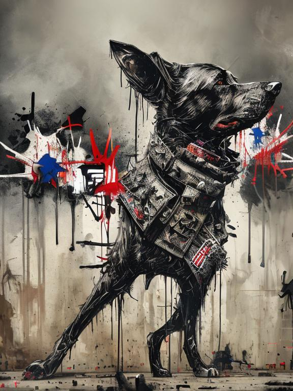 Prompt: Abstract art of a black dogs in gangster punk clothes, graffiti, streets, patriotic, detailed, atmospheric lighting, intense battle in the background, highres, ultra-detailed, abstract, gangster punk, detailed clothing, patriotic theme, street graffiti, intense battle, atmospheric lighting, dogs