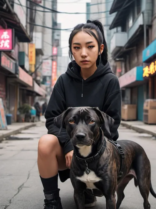 Prompt: mountain cur black dog with half asian girl in cyberpunk city