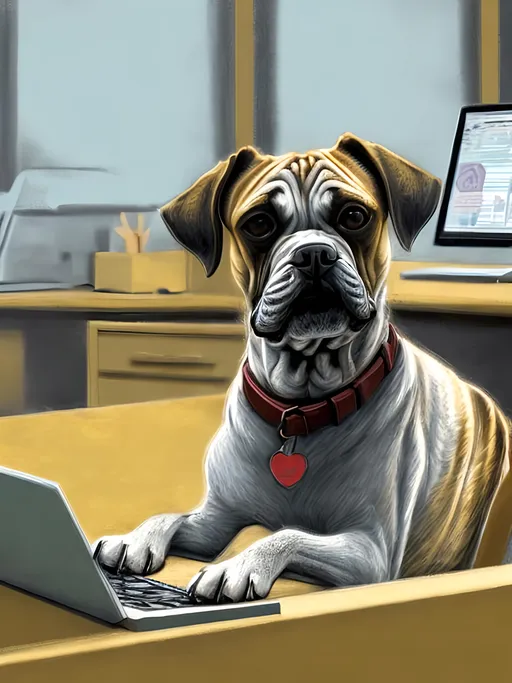 Prompt: chalk pastel style of a  detailed dog typing at a desk in a modern office, sketch, detailed background, highres, fun atmosphere, natural lighting,  abstract, fun